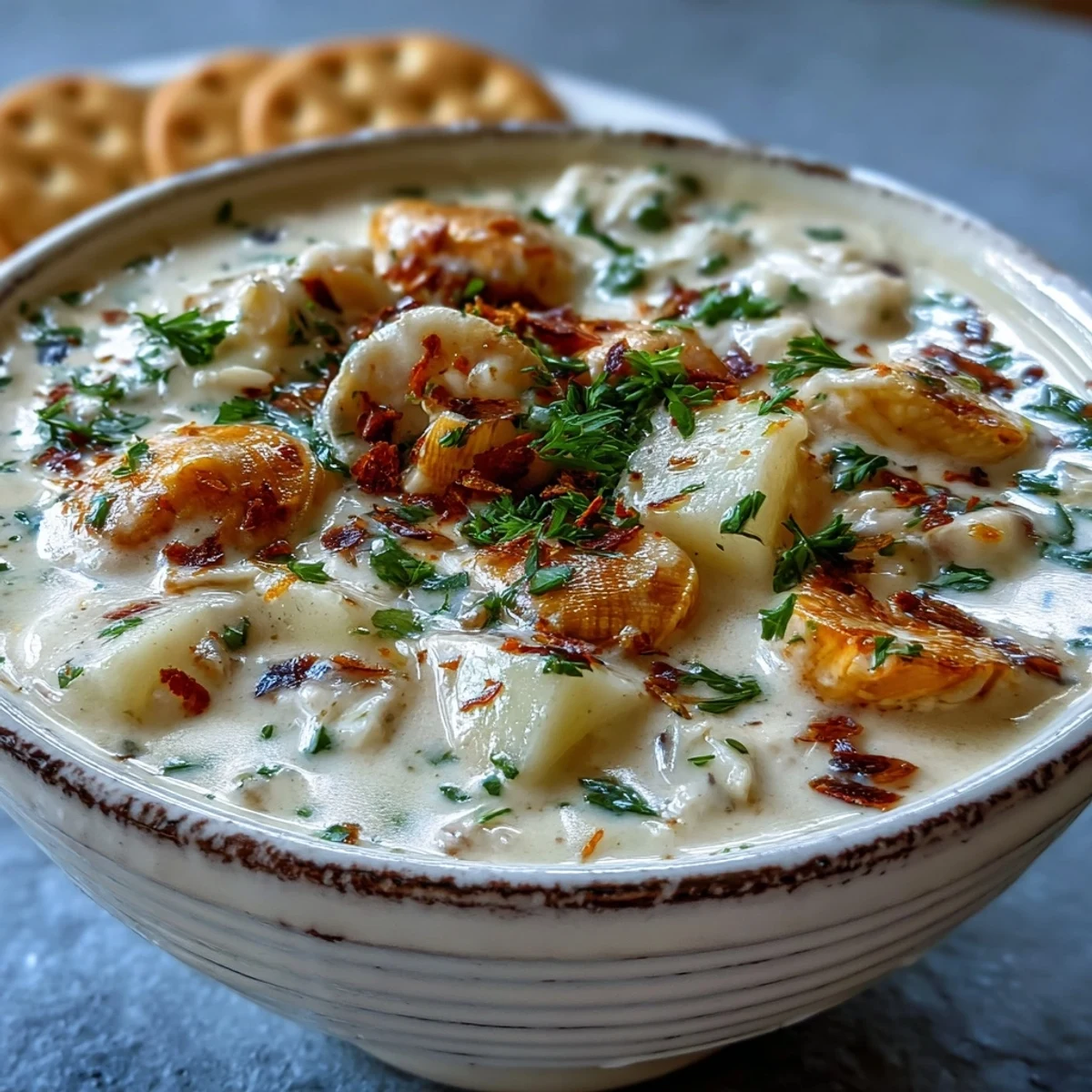 Creamy New England Clam Chowder in a rustic bowl, steam rising from tender clams and diced potatoes in thick broth.