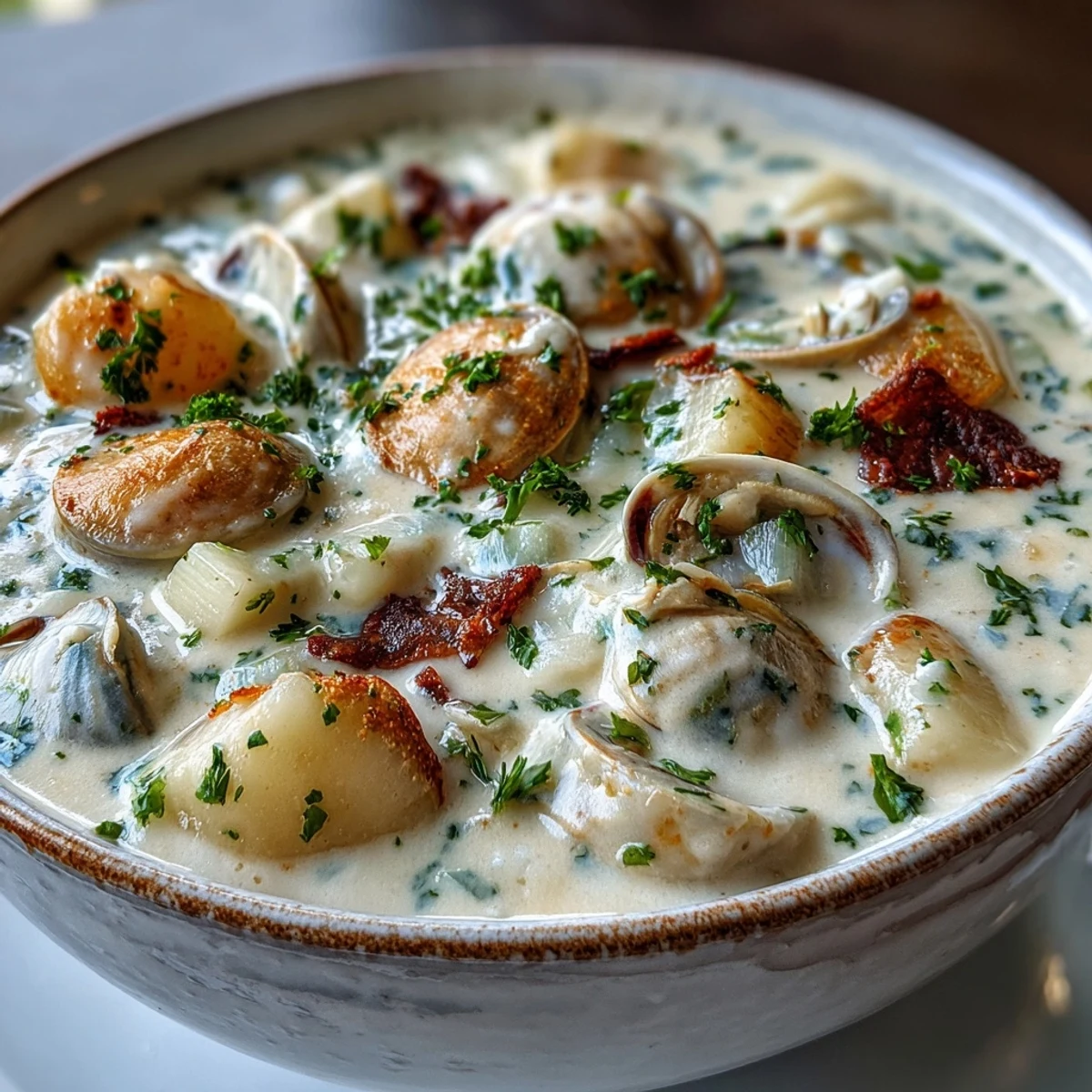 A hearty bowl of New England Clam Chowder garnished with parsley, served with oyster crackers alongside crusty bread.
