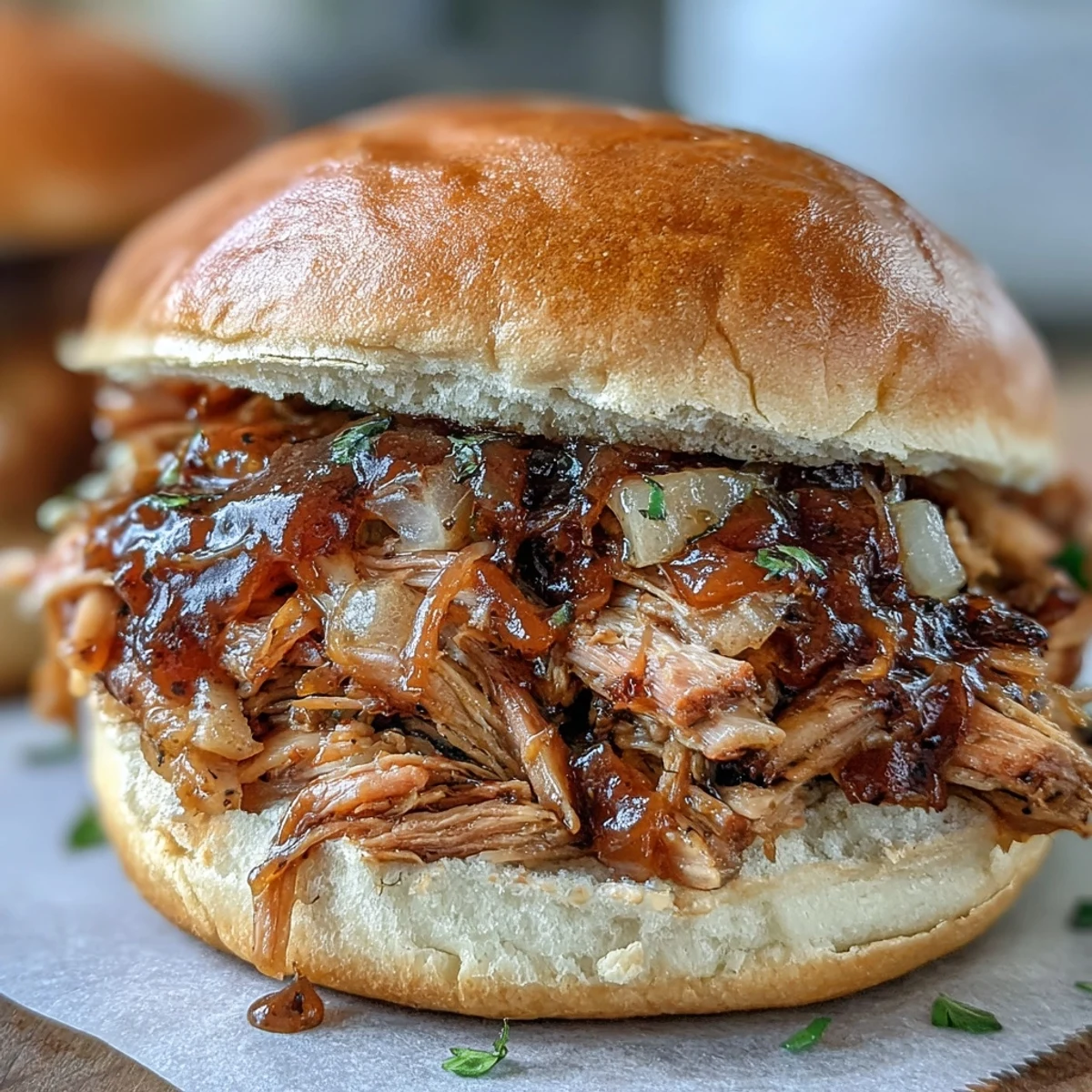 Fork tender shredded Applesauce Pulled Pork Sandwiches ready to eat with a side of tangy slaw.