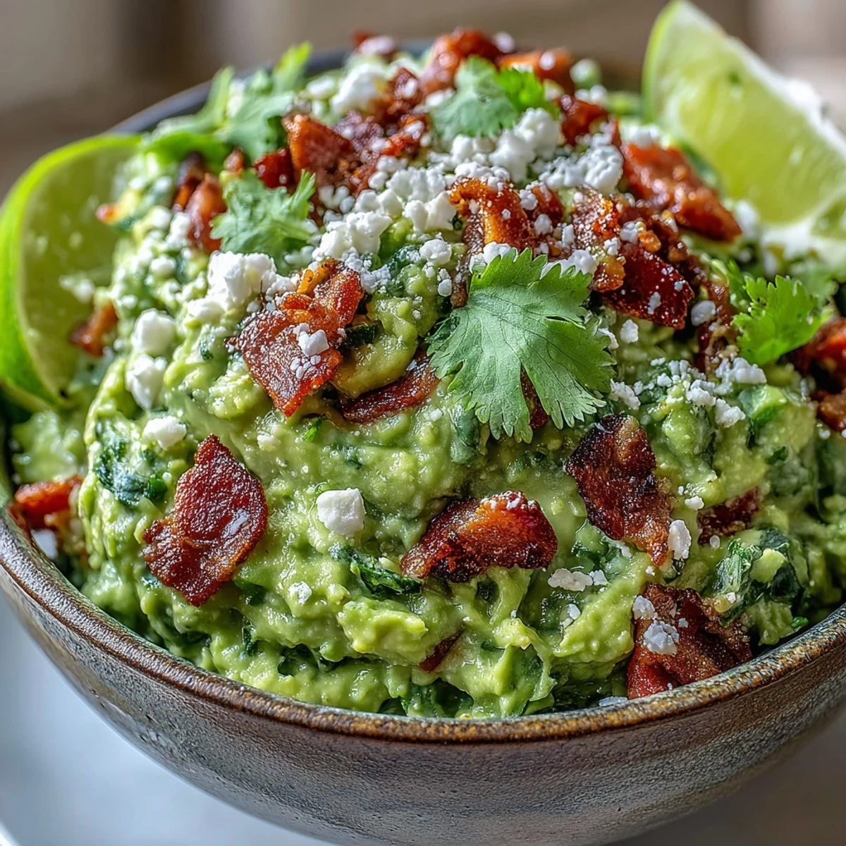 A rustic spread of Bacon Guacamole With Cotija Cheese surrounded by blue corn tortilla chips and a margarita glass.