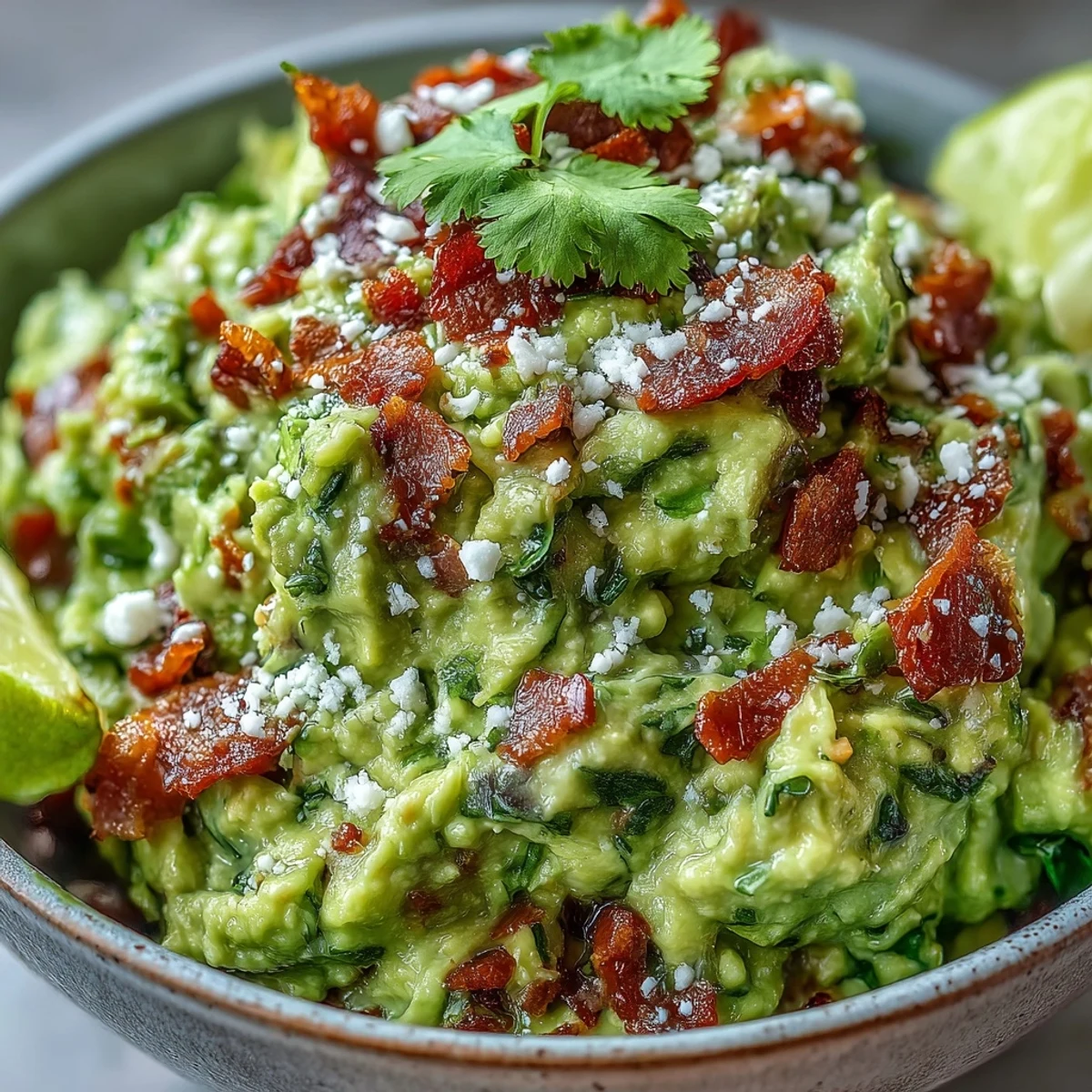 Crispy bacon and crumbled Cotija cheese garnish a bowl of Bacon Guacamole With Cotija Cheese, with lime wedges nearby.