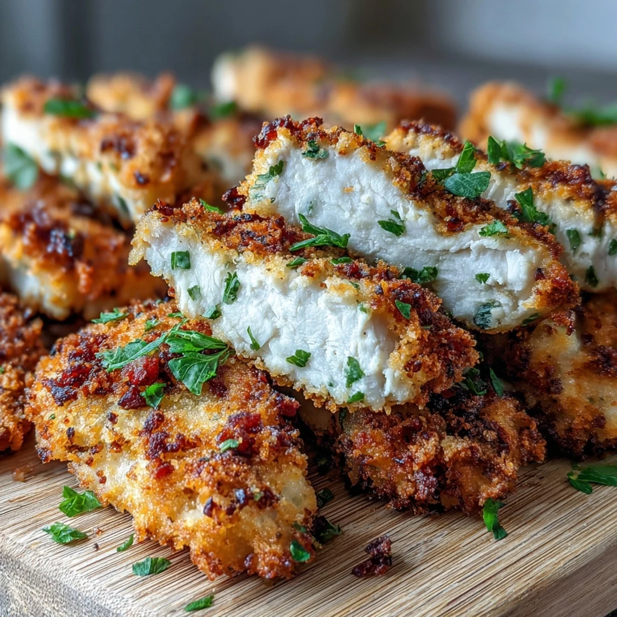 Golden brown Air Fryer Chicken Strips with a crispy breadcrumb coating and juicy interior, ready to dip.