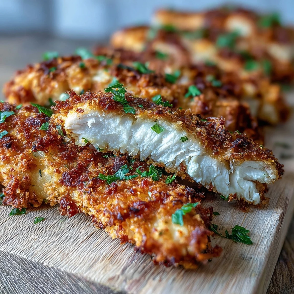 Freshly cooked Air Fryer Chicken Strips with a Parmesan and paprika crust, served alongside a crisp green salad.