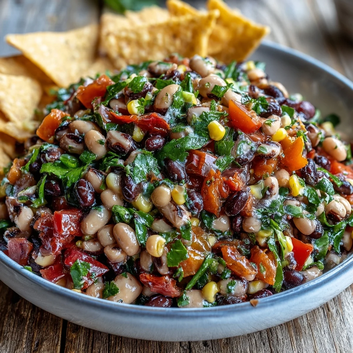 Brightly colored Cowboy Caviar with black beans and corn in a white bowl, served with crispy tortilla chips for dipping.