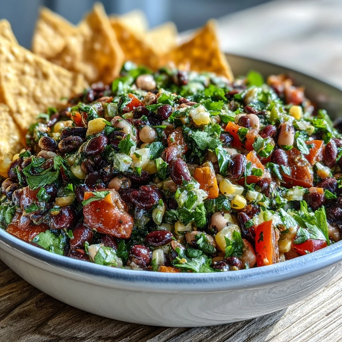 Hearty Cowboy Caviar salad in a clear glass bowl, showcasing crisp red onions and bell peppers tossed in a zesty lime dressing.