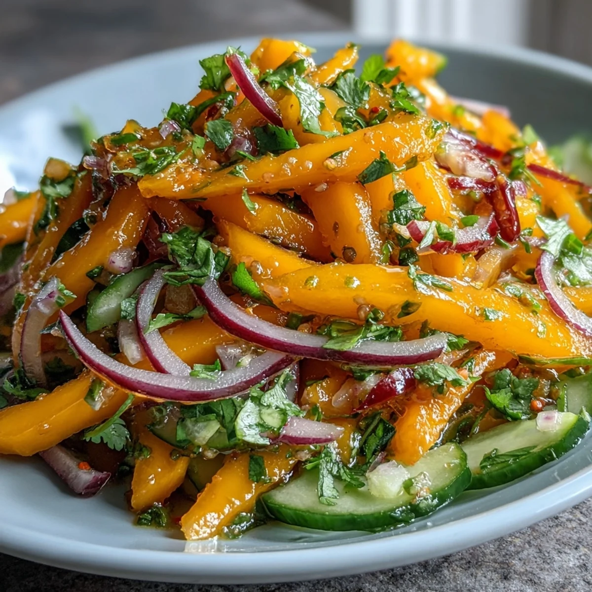 Refreshing Mango Salad with Lime Dressing served as a vibrant, juicy lunch topped with sliced Thai chilies for gentle heat.