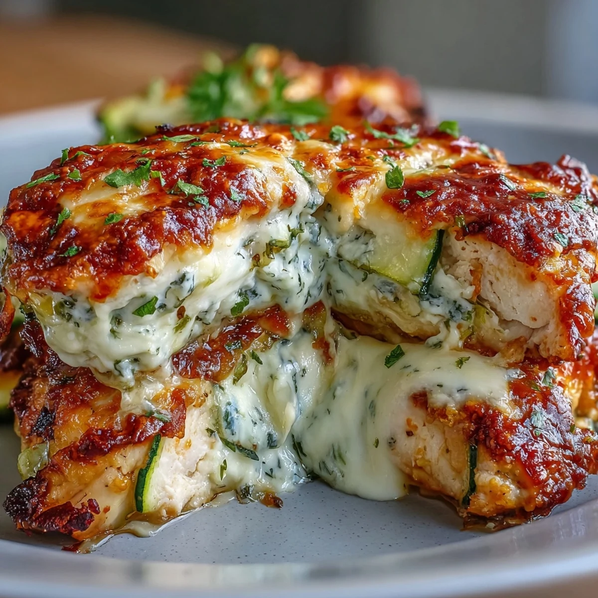 Golden-seared chicken and zucchini slices layered with creamy yogurt and topped with bubbly mozzarella in the High Protein Chicken Zucchini Bake.