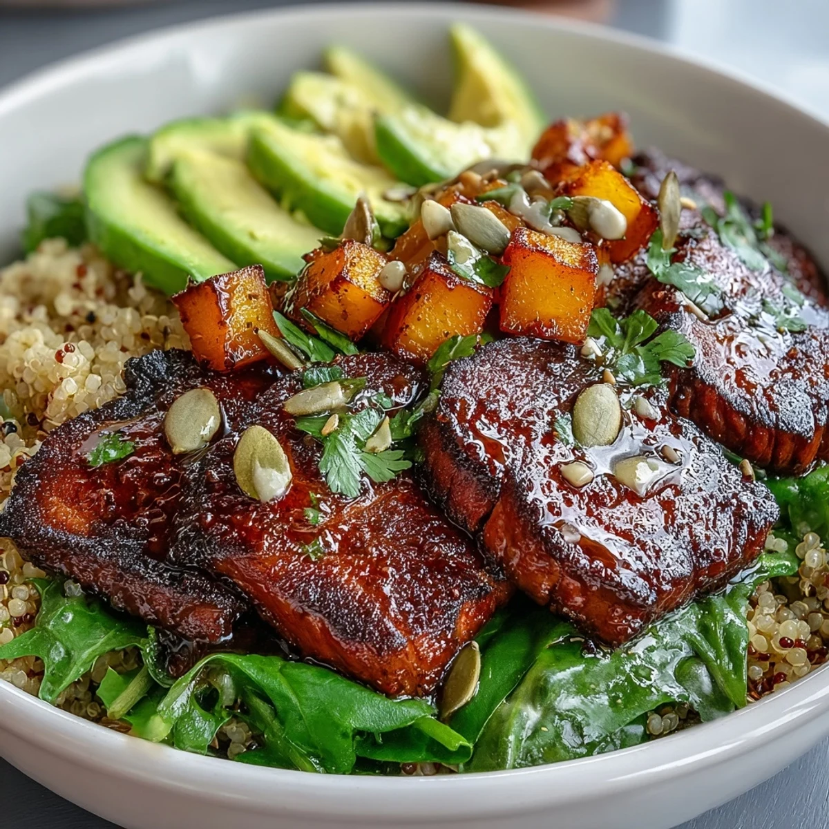 Golden roasted butternut squash steak bowl with lime cilantro dressing and fresh red onion.