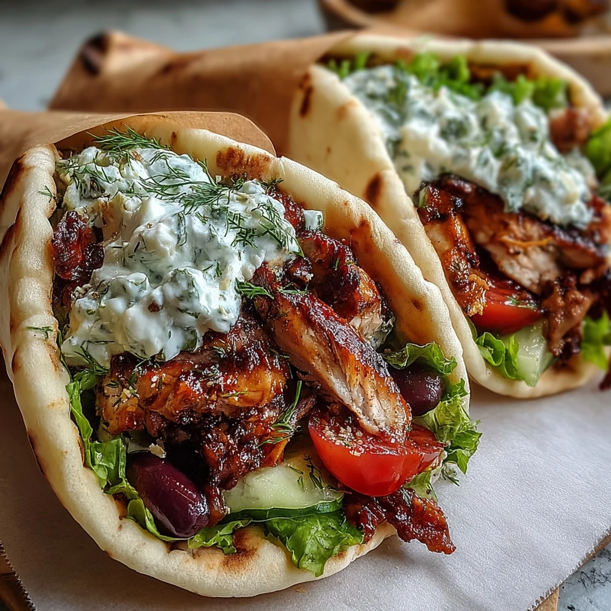 Freshly grilled Mediterranean Chicken Gyros topped with creamy feta tzatziki, crisp lettuce, and ripe tomatoes on warm pita bread.