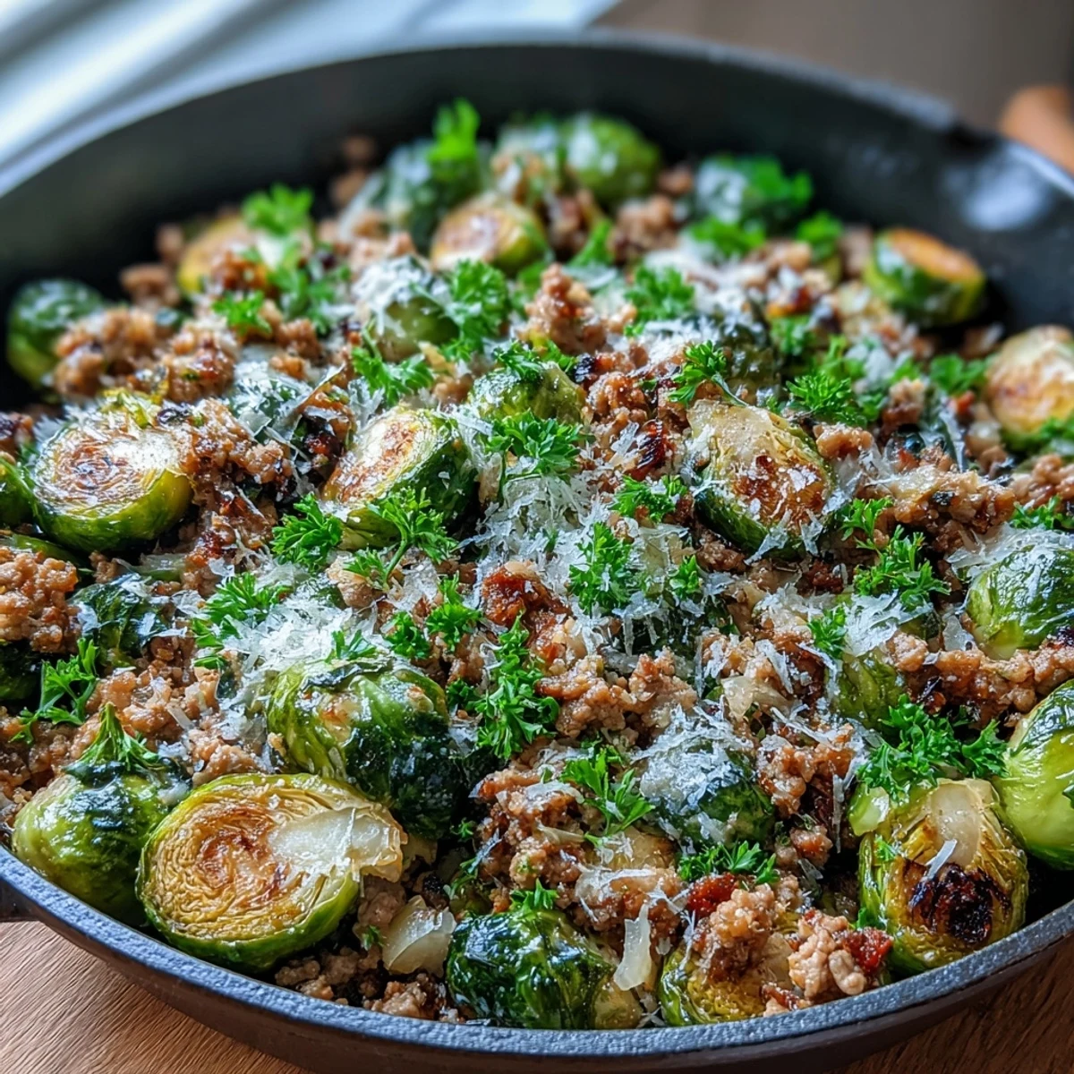 Sizzling Brussels sprouts and ground turkey cook with garlic and paprika in a skillet, finished with fresh parsley for an easy weeknight dinner.