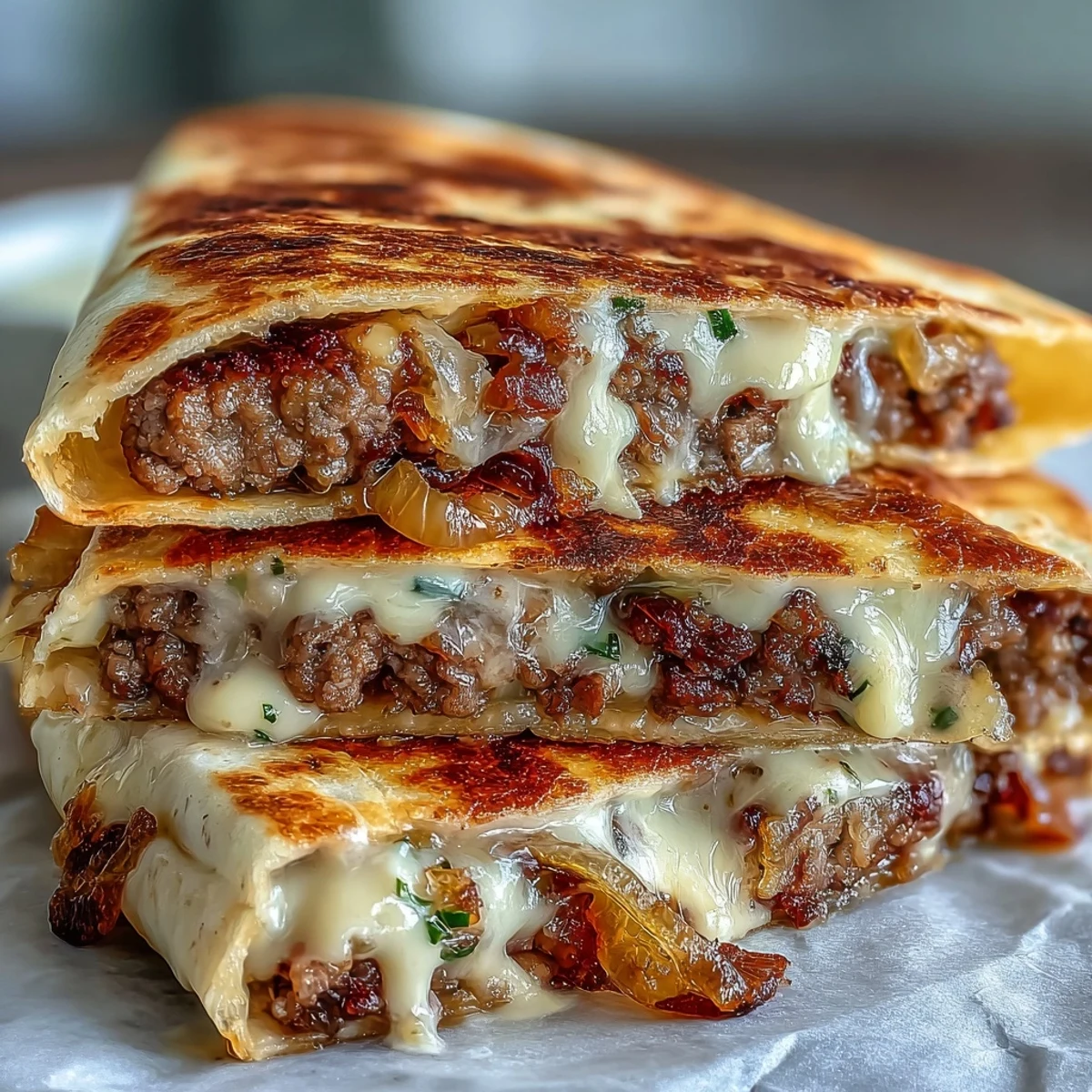 Griddled onions and thin smashburger patties peek out of crispy tortilla wedges, served with a mayo-mustard dipping sauce.