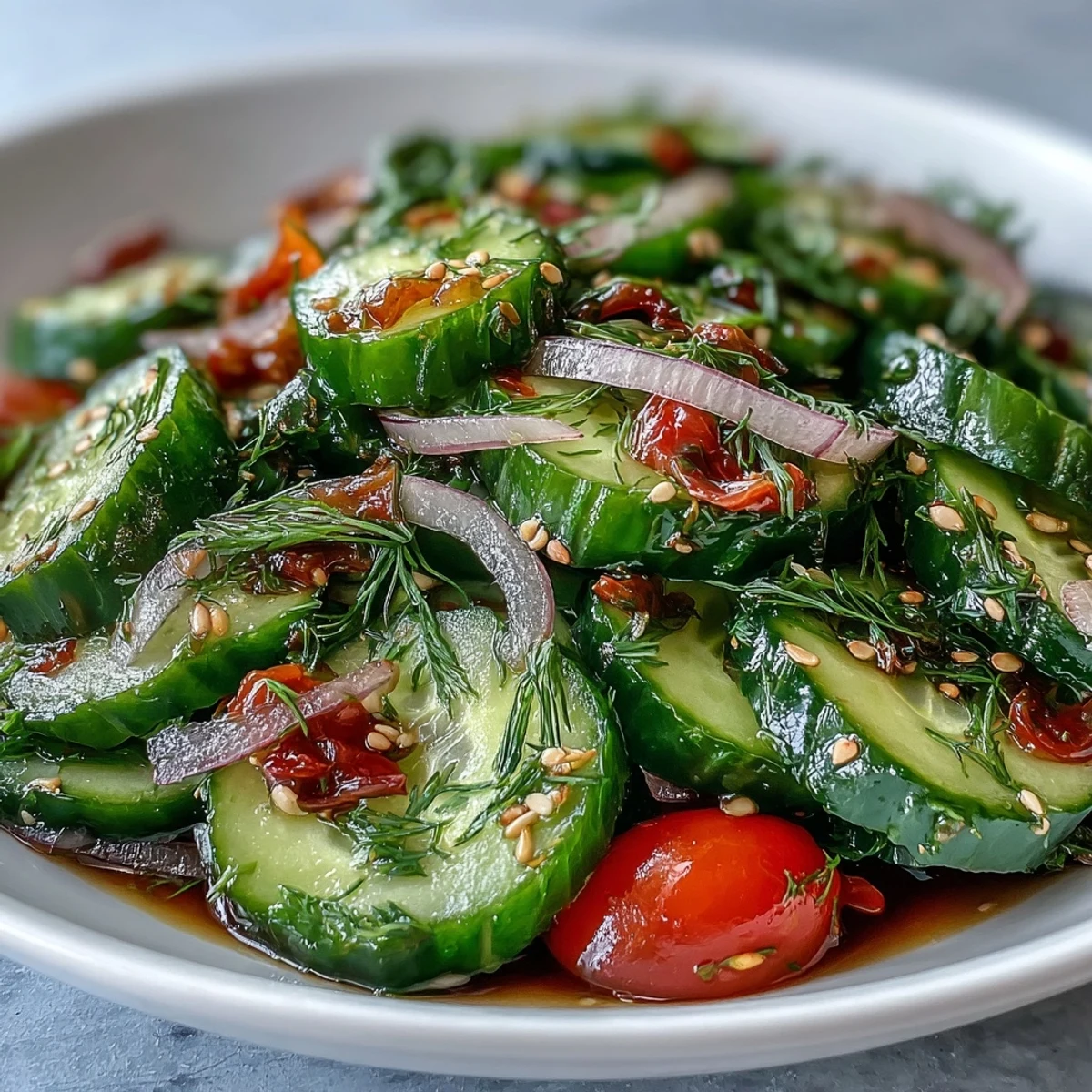 Bright, tangy Refreshing Crunchy Cucumber Salad with thinly sliced cucumbers, red onion, and fresh dill in a chilled vinegar dressing.