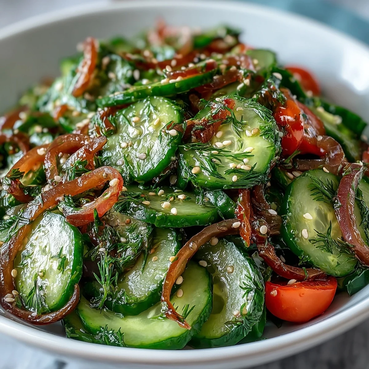 Chilled bowl of Refreshing Crunchy Cucumber Salad featuring crisp cucumber rounds, ruby onion slices, and herbs tossed in a light vinaigrette.