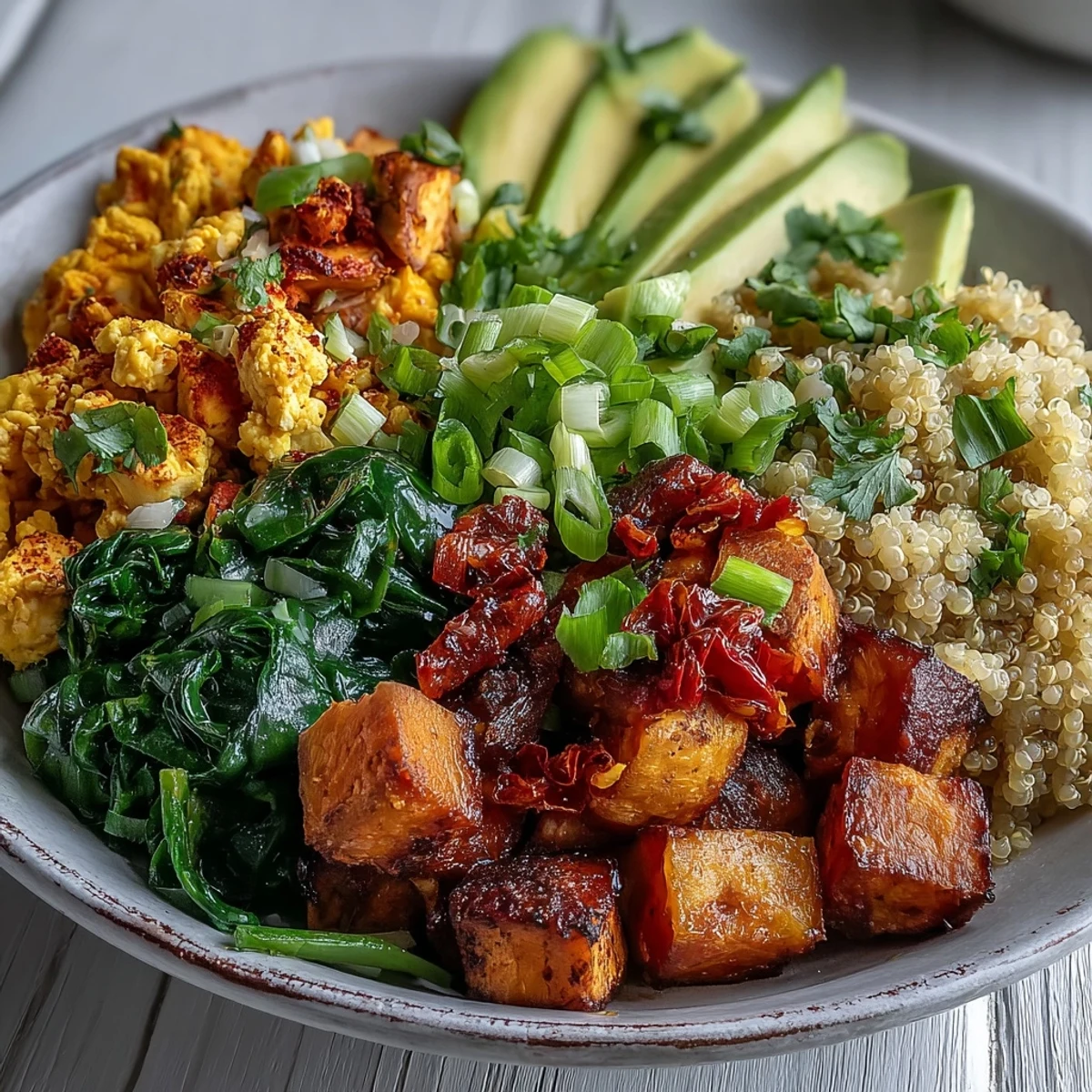 Golden roasted sweet potatoes and turmeric-spiced tofu scramble on a bed of fluffy quinoa for a vegan breakfast bowl.
