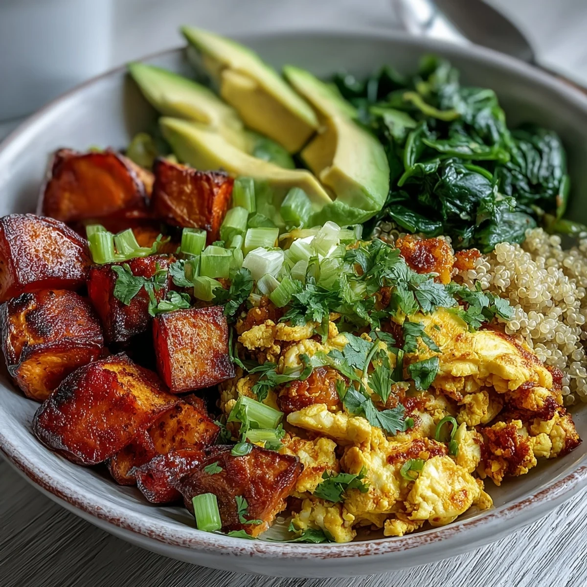 Colorful avocado slices and fresh green onions garnish a nourishing Tofu Scramble Vegan Breakfast Bowl ready to serve.