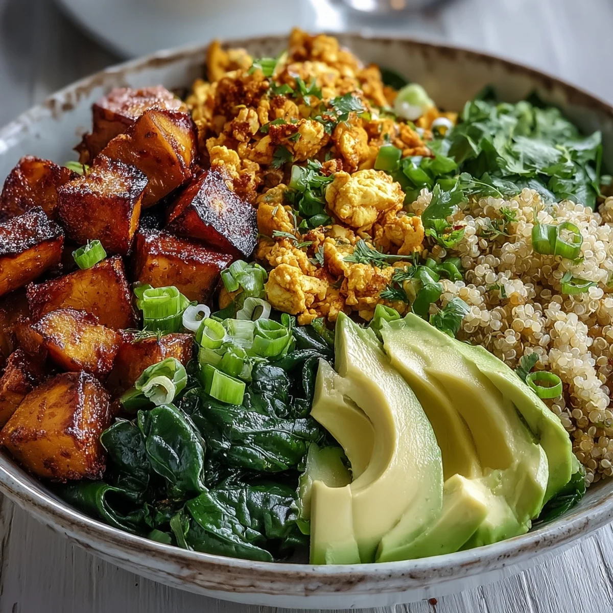Savory tofu scramble with sautéed spinach alongside roasted sweet potatoes and avocado in a high-protein breakfast bowl.