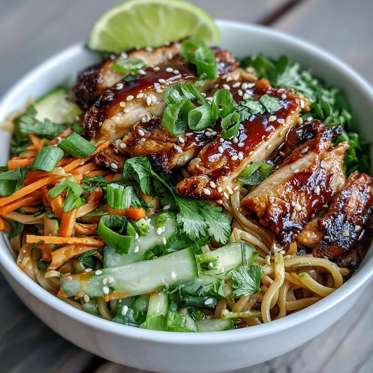 Freshly prepared Asian Chicken Noodle Bowl topped with cilantro and a squeeze of lime, ready to eat.