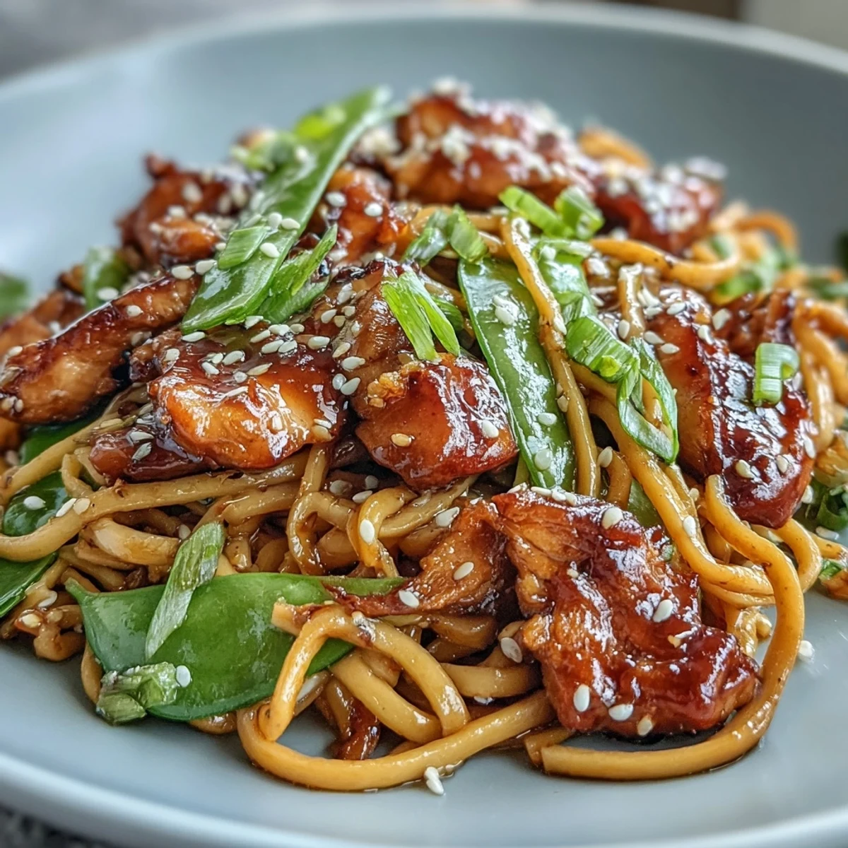 Hearty noodles, colorful veggies, and juicy chicken tossed in a sweet-savory glaze in a Sesame Chicken Noodle Bowl.