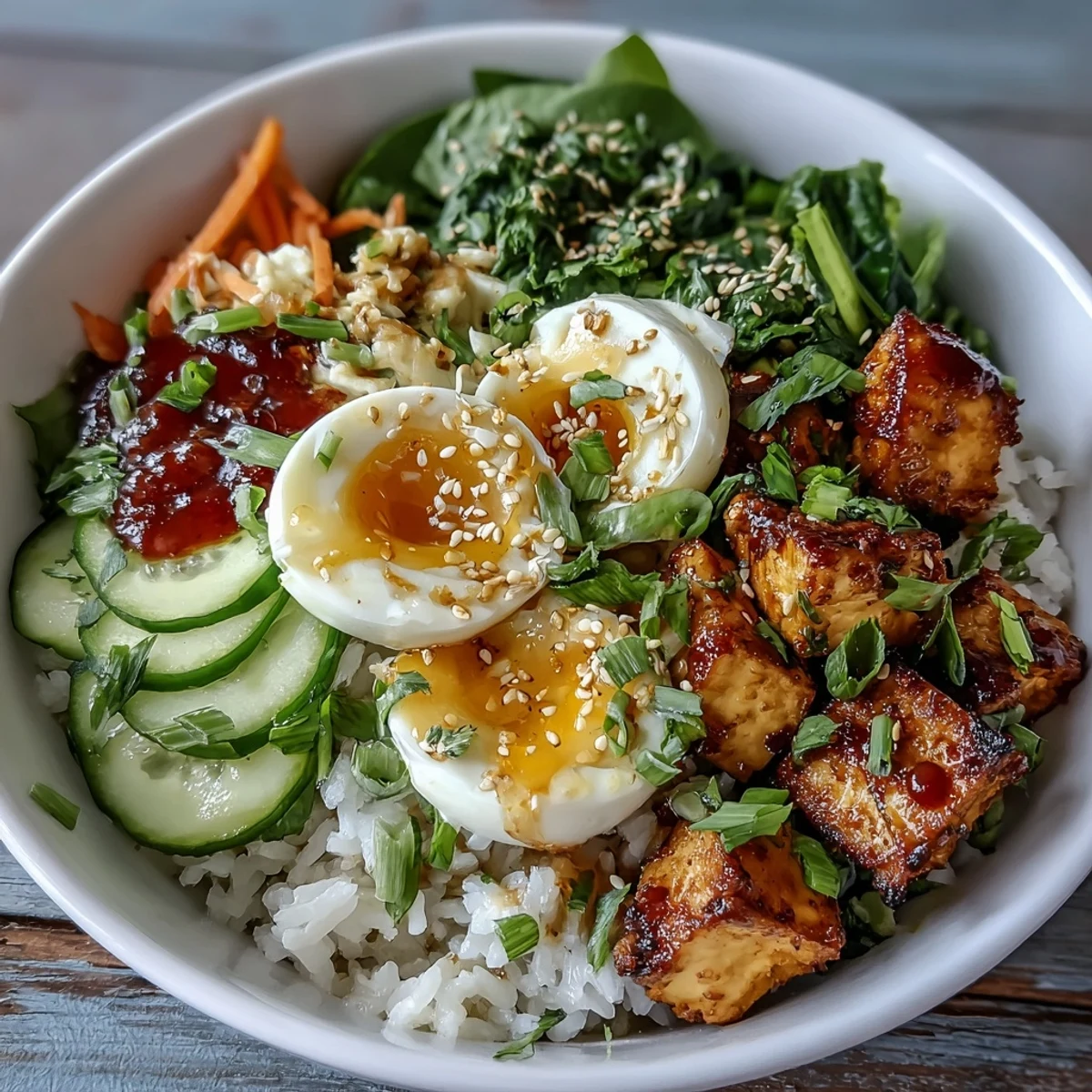 Drizzling ginger scallion sauce over a nourishing Tofu Jammy Egg Breakfast Bowl with carrots and sesame seeds.