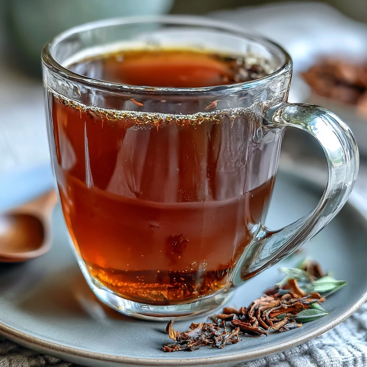 Hojicha Americano in a clear glass mug, showcasing the warm brown brew and delicate steam rising from its surface.