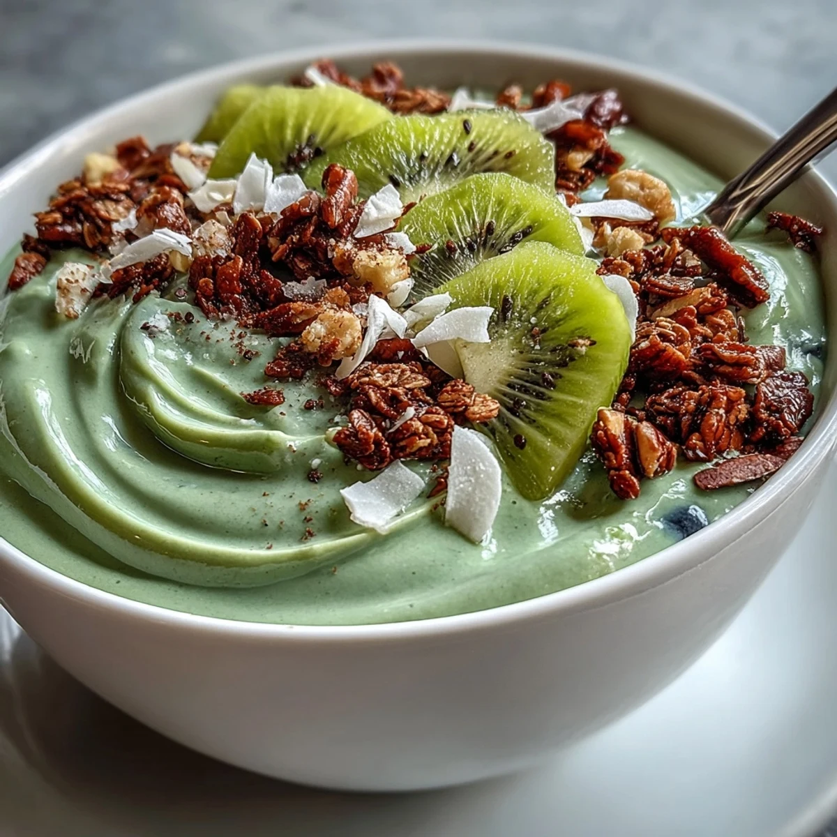 Creamy hojicha smoothie bowl topped with banana slices, berries, and granola for a nourishing breakfast