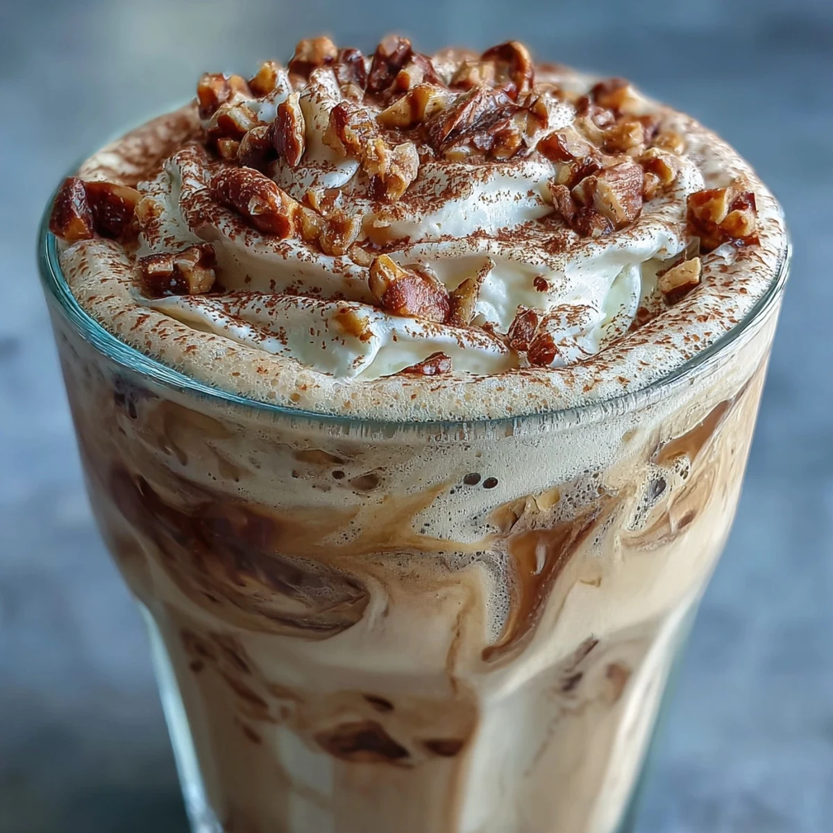 Creamy Hojicha milkshake topped with whipped cream and crushed nuts, served in a chilled glass for a cozy dessert.
