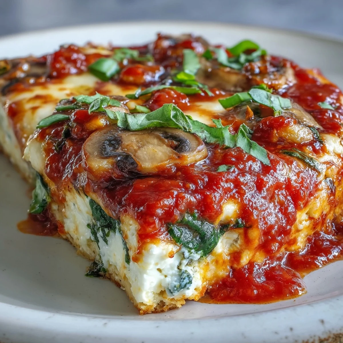 Freshly baked Cottage Cheese Pizza Bowl with melted mozzarella, colorful peppers, and mushrooms steaming in a ceramic dish.