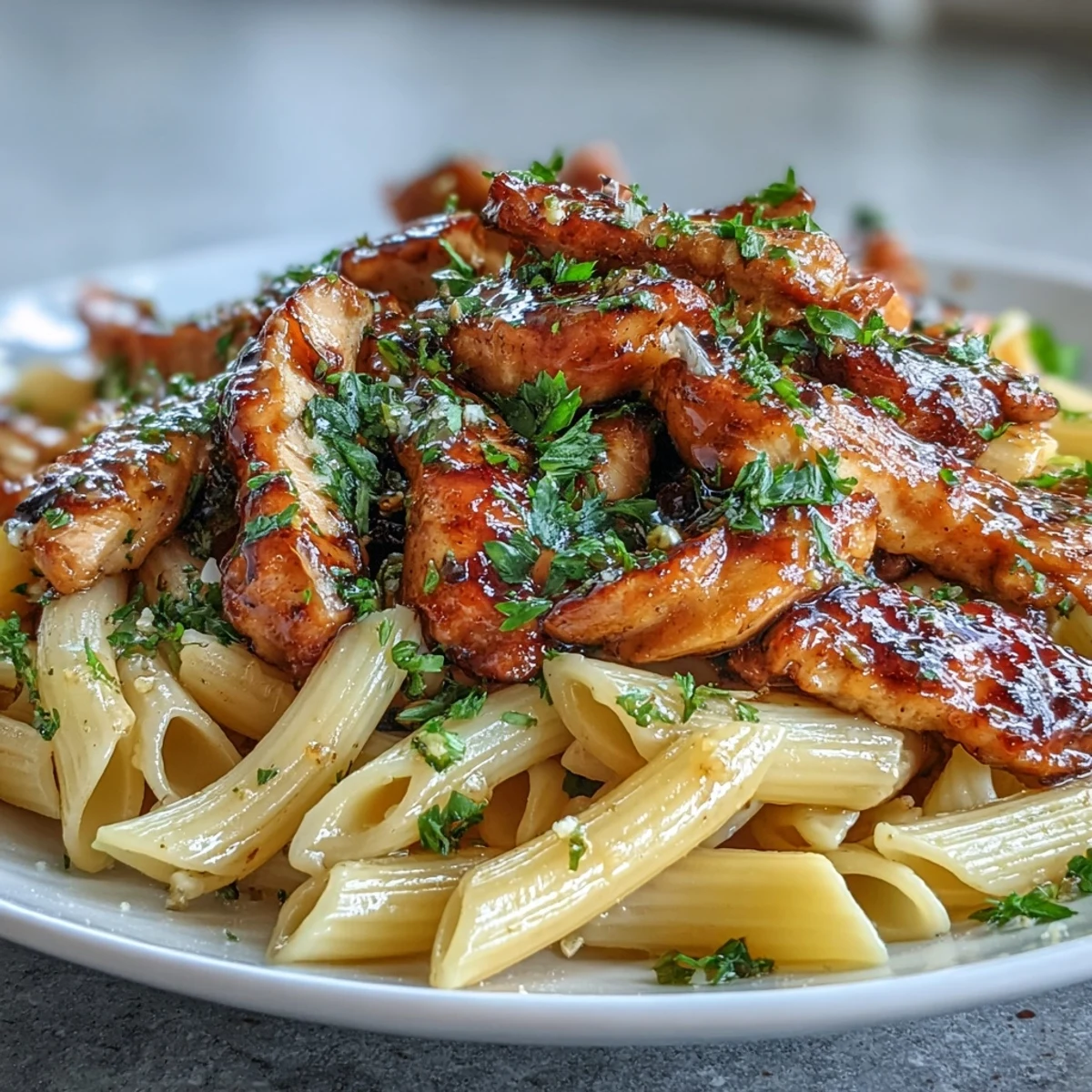 Close-up of Honey Pepper Chicken Pasta with golden-brown chicken strips and glossy sauce coating penne noodles, topped with fresh parsley.