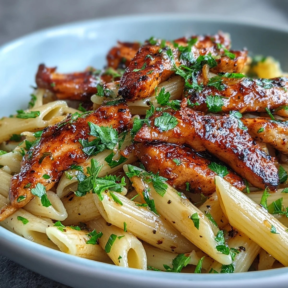 Sizzling Honey Pepper Chicken Pasta in a skillet, steam rising from tender chicken and al dente pasta coated in sweet and spicy sauce.