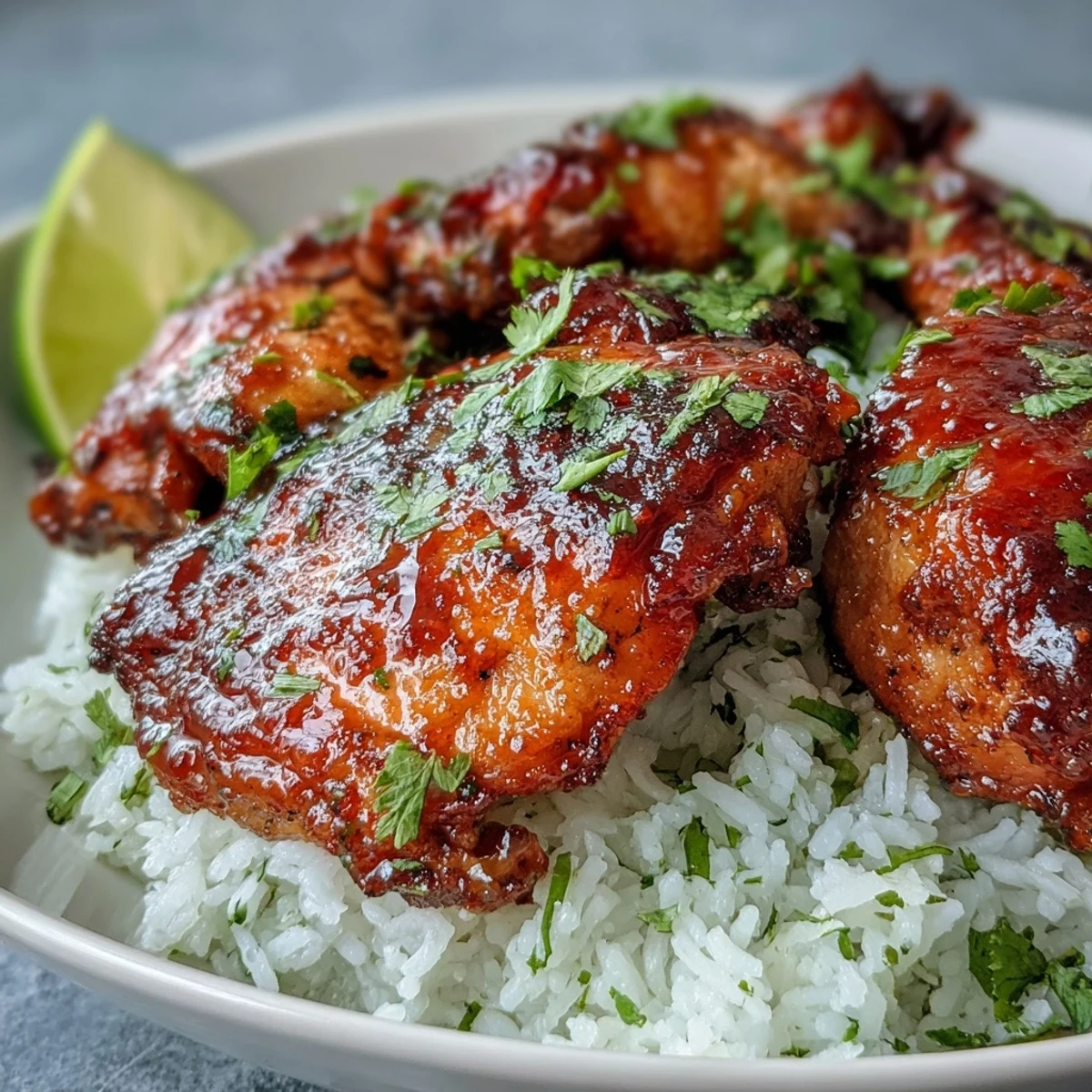 Spicy Maple Chicken & Coconut Rice served on a white plate with fresh cilantro garnish and lime wedges.