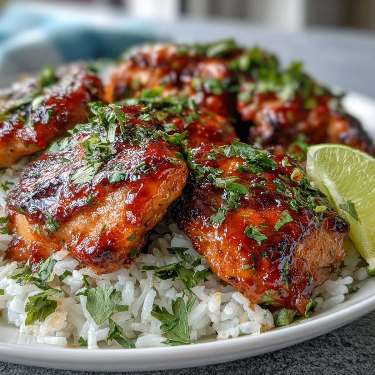 Baked Spicy Maple Chicken with glossy red-orange glaze next to aromatic coconut rice on a speckled ceramic plate.