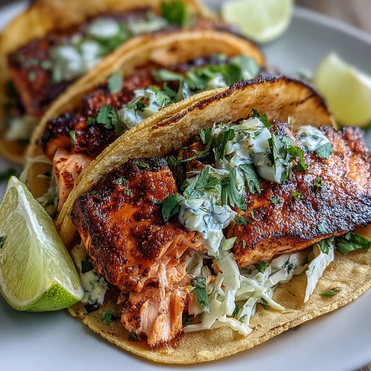 Golden, flaky salmon fillets seasoned with spices are topped with creamy slaw and fresh cilantro in warm corn tortillas.