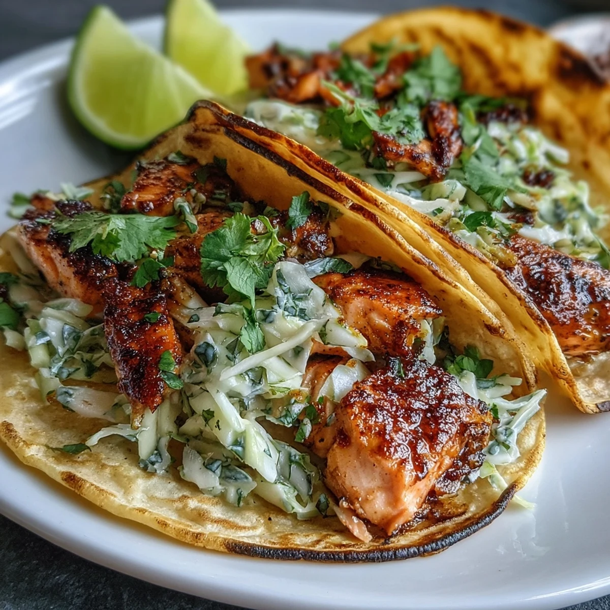 Freshly prepared cabbage slaw and flaked air fried salmon fill warm corn tortillas, garnished with cilantro and lime wedges.