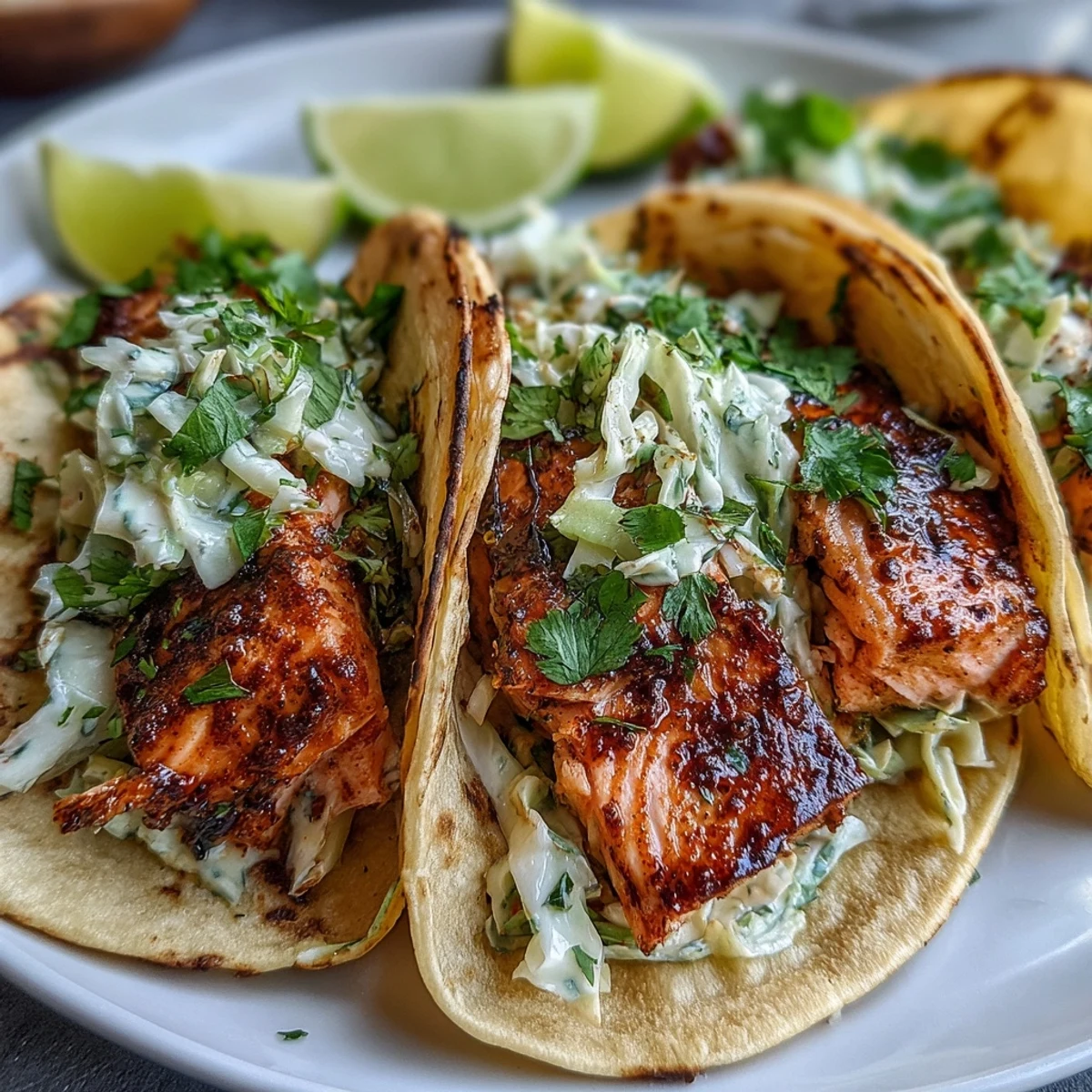 Seasoned salmon pieces flake easily, nestled in soft corn tortillas with crunchy slaw, perfect for a quick weeknight dinner.