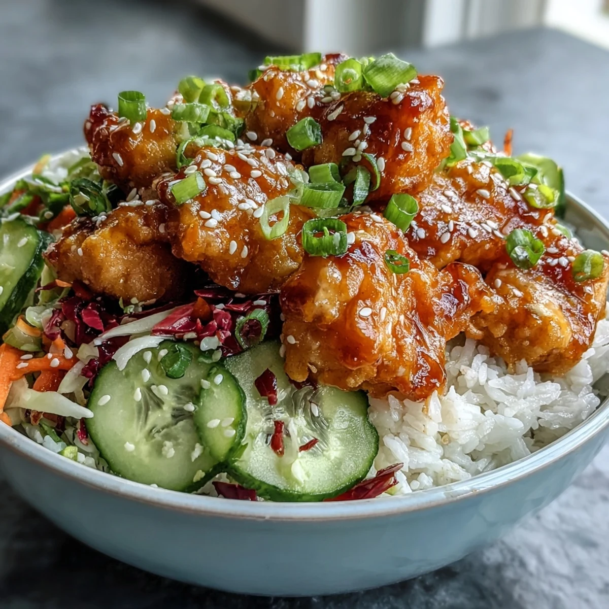 Tender chicken coated in creamy spicy Bang Bang sauce sits atop fluffy white rice with crunchy carrots and cucumbers.