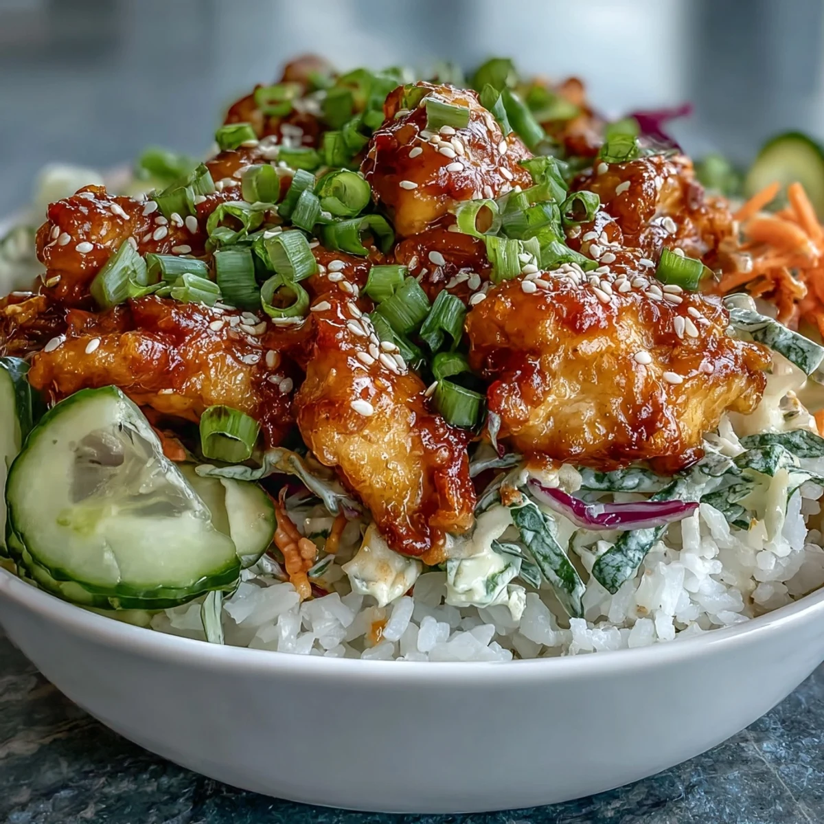 A deconstructed close-up showcases saucy chicken, crisp veggies, and sesame seeds over rice in a homemade Bang Bang Chicken Bowl.