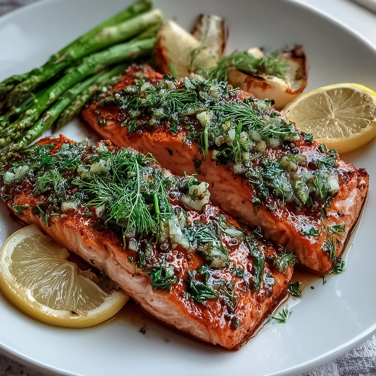 Platter of Marry Me Salmon featuring flaky fillets with fresh dill and roasted asparagus.
