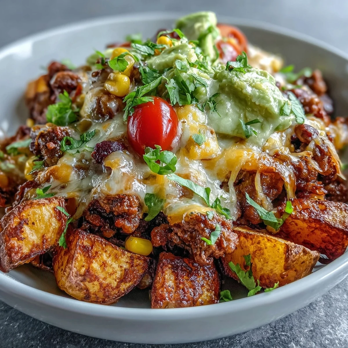 Crispy roasted potatoes, seasoned ground meat, and melted cheddar cheese in a Loaded Potato Taco Bowl.