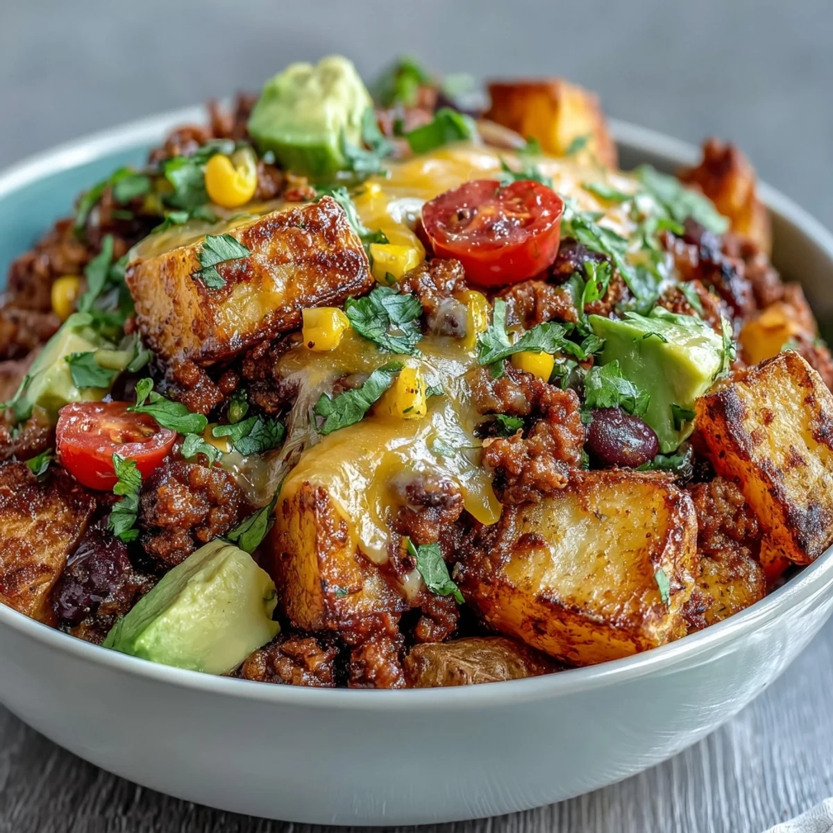 Loaded Potato Taco Bowl topped with black beans, sweet corn, diced avocado, and fresh cherry tomatoes.