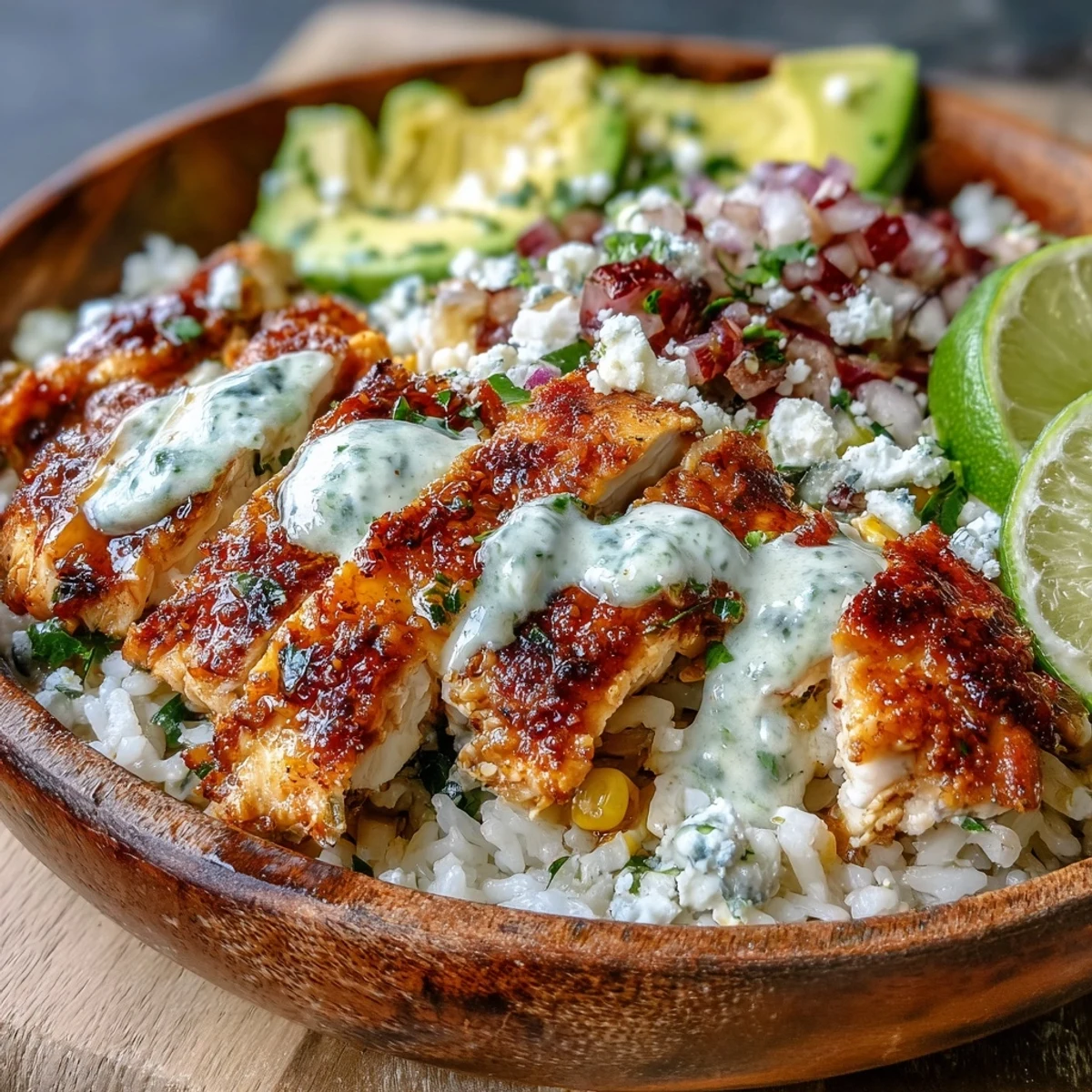 A close-up of Street Corn Chicken Rice Bowl with sliced avocado and creamy tajín-lime sauce.