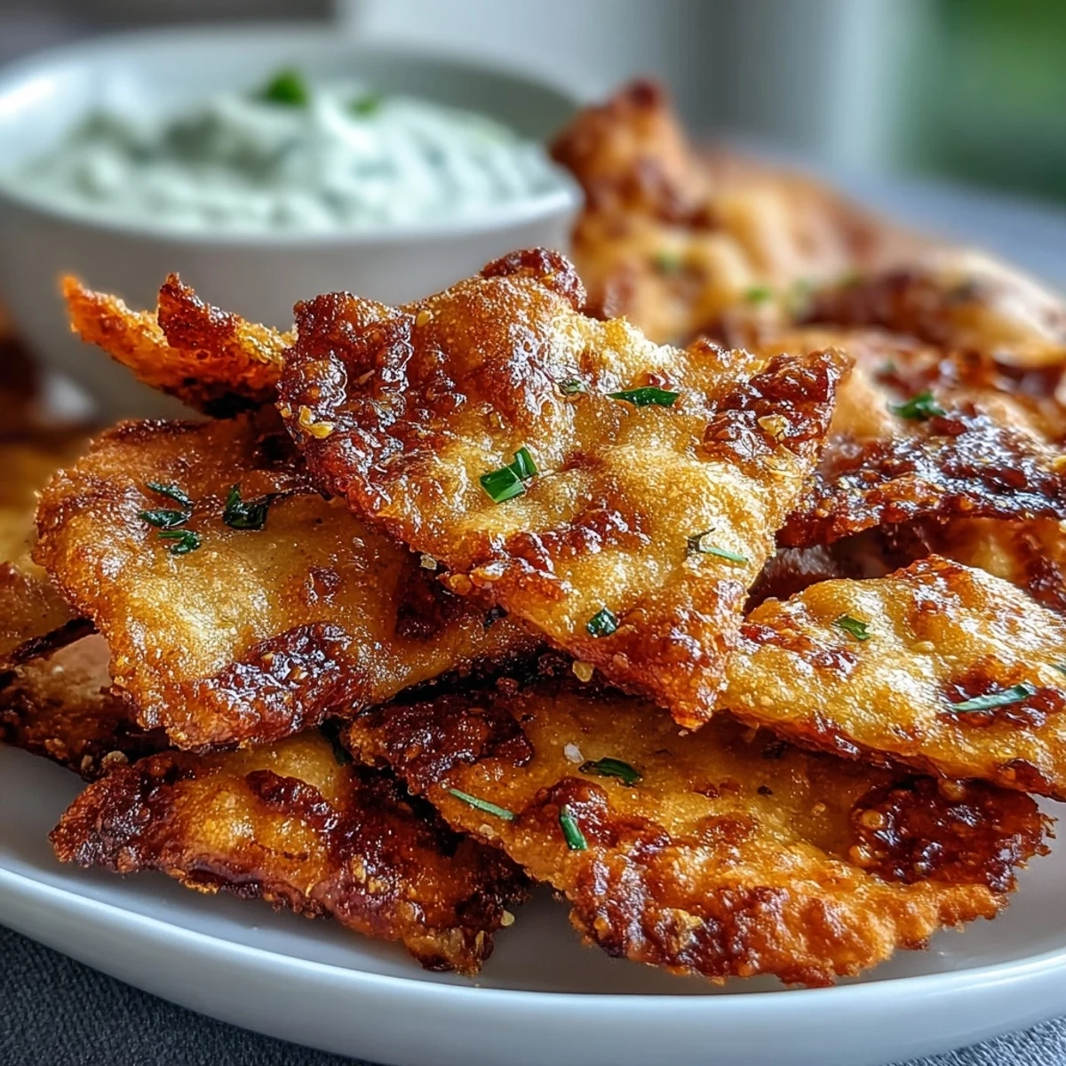 Golden-brown Spicy Chili Crisp Garlic Naan Chips are arranged next to a creamy white cucumber dip topped with fresh sesame seeds and green scallions. 