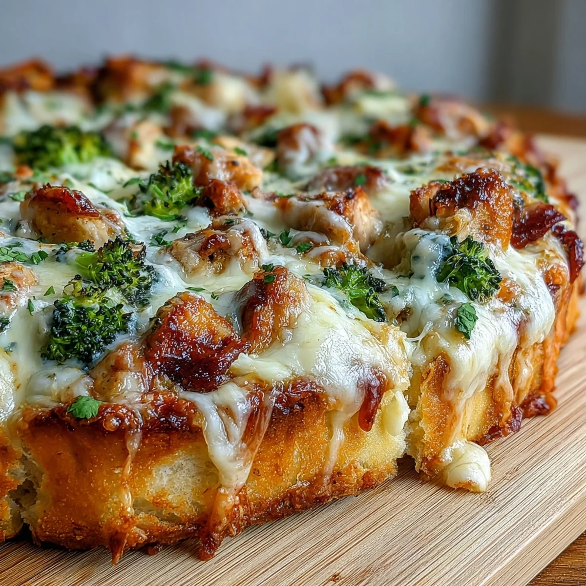 Slices of Garlic Parmesan Chicken & Broccoli Pizza served on a rustic wooden board.
