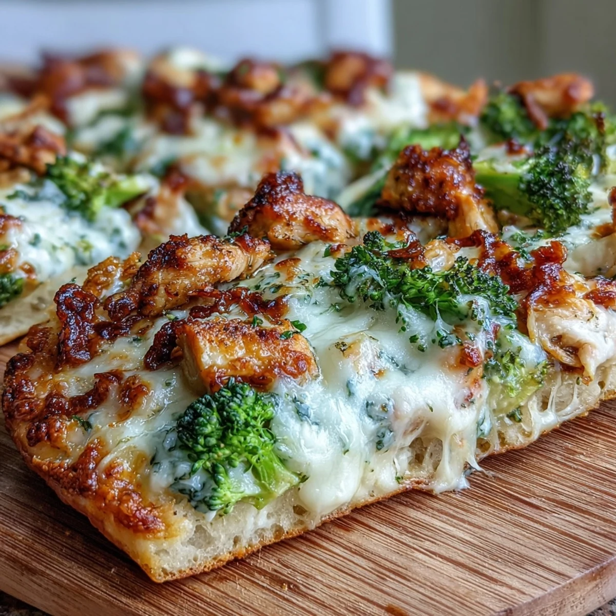 Close-up of Garlic Parmesan Chicken & Broccoli Pizza topped with tender chicken and broccoli.