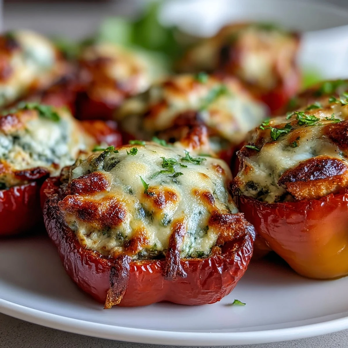 Close-up of golden, bubbling cheese topping on Pesto Chicken Stuffed Sweet Peppers, with fresh basil garnish on a white plate.