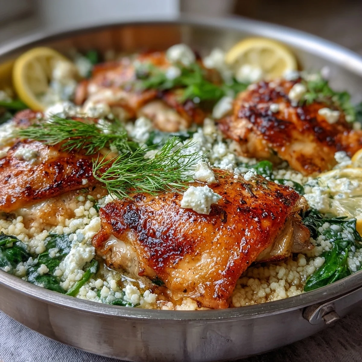 Bubbling Creamy Greek Chicken & Pearl Couscous Bake with lemon wedges and fresh dill garnish on a rustic table.