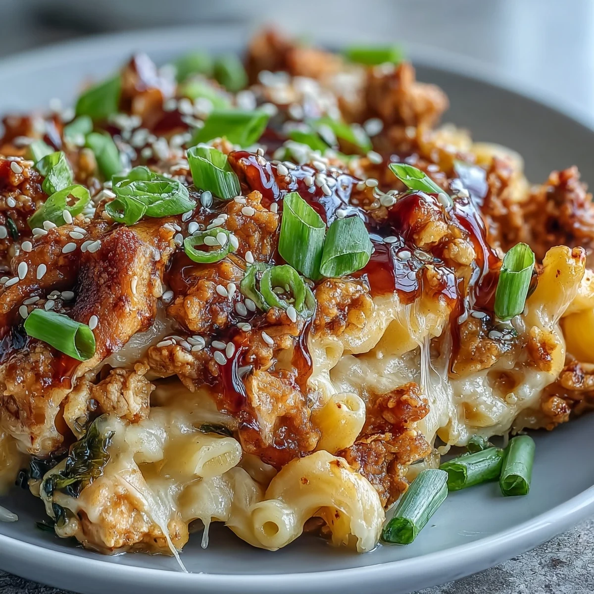 Hot, steaming Korean-Style Turkey Mac & Cheese is served in a white bowl, garnished with sesame seeds and green onions.