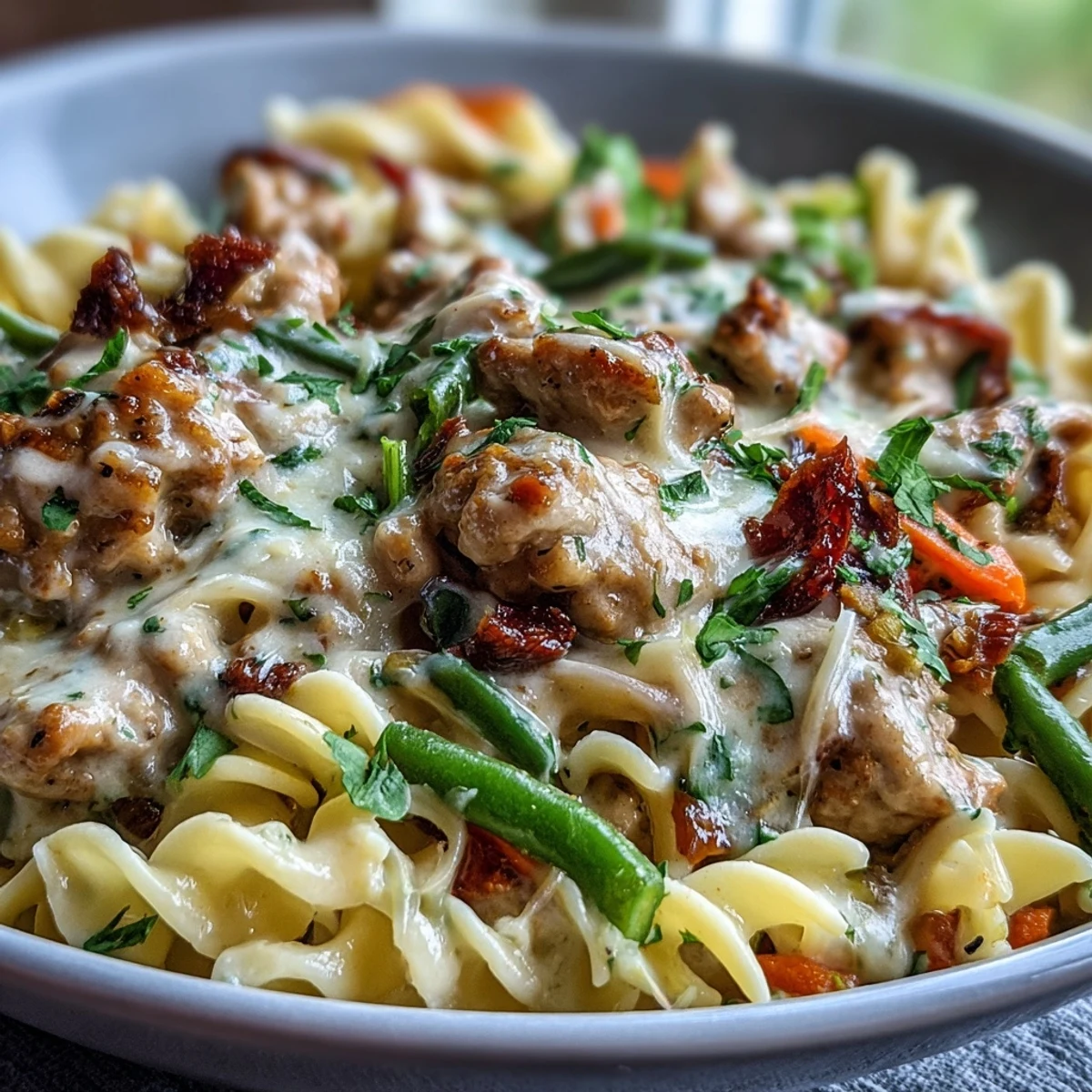 Creamy Ranch Turkey & Veggie Skillet served over pasta in a white bowl, steam rising from the cheesy sauce.