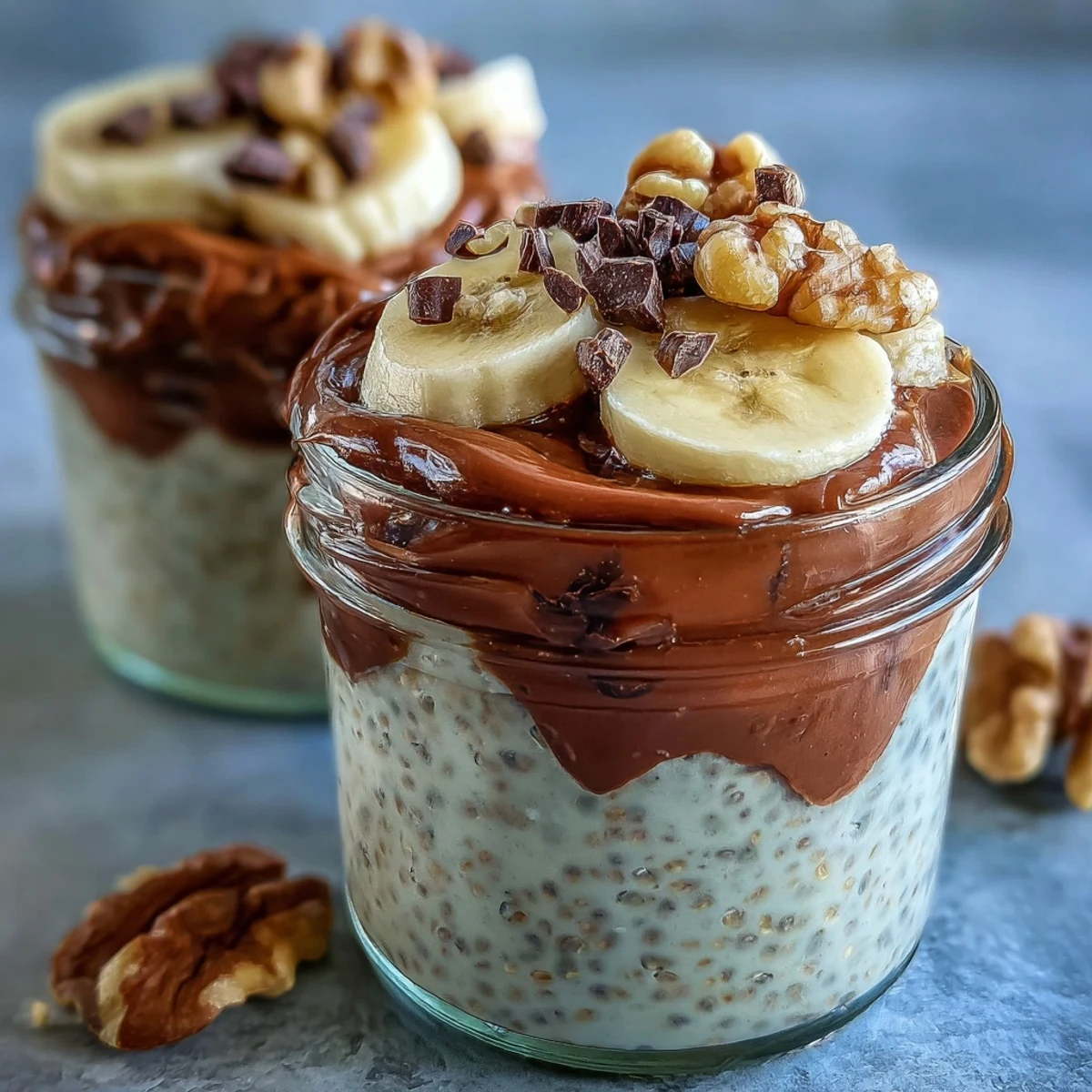 Chunky Monkey overnight chia pudding topped with walnuts, bananas, and dark chocolate chips.