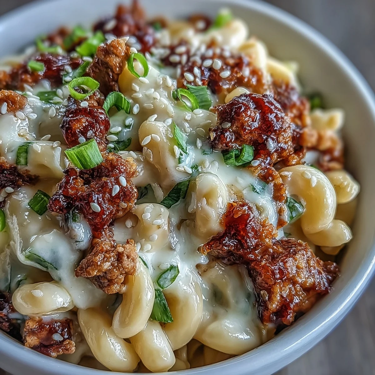 A close-up of Korean-Style Turkey Mac & Cheese with cheddar sauce and spicy gochujang turkey crumbles.