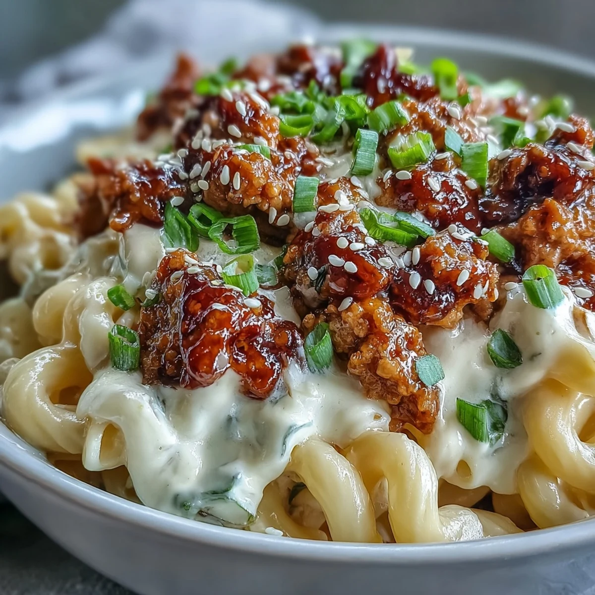 Steaming Korean-Style Turkey Mac & Cheese featuring elbow macaroni, savory ground turkey, and melted cheese.
